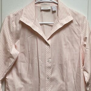 Chico's Sz 0 Pink & White Striped Crisp No-Iron Button Down Shirt 3/4 Sleeves